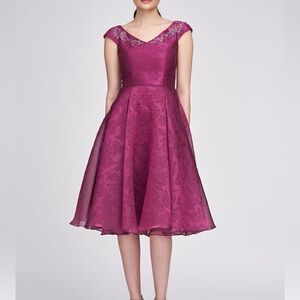 $745 NWT Theia Kit Beaded Jacquard Fit and Flare Midi Dress in Quartz Sz 4